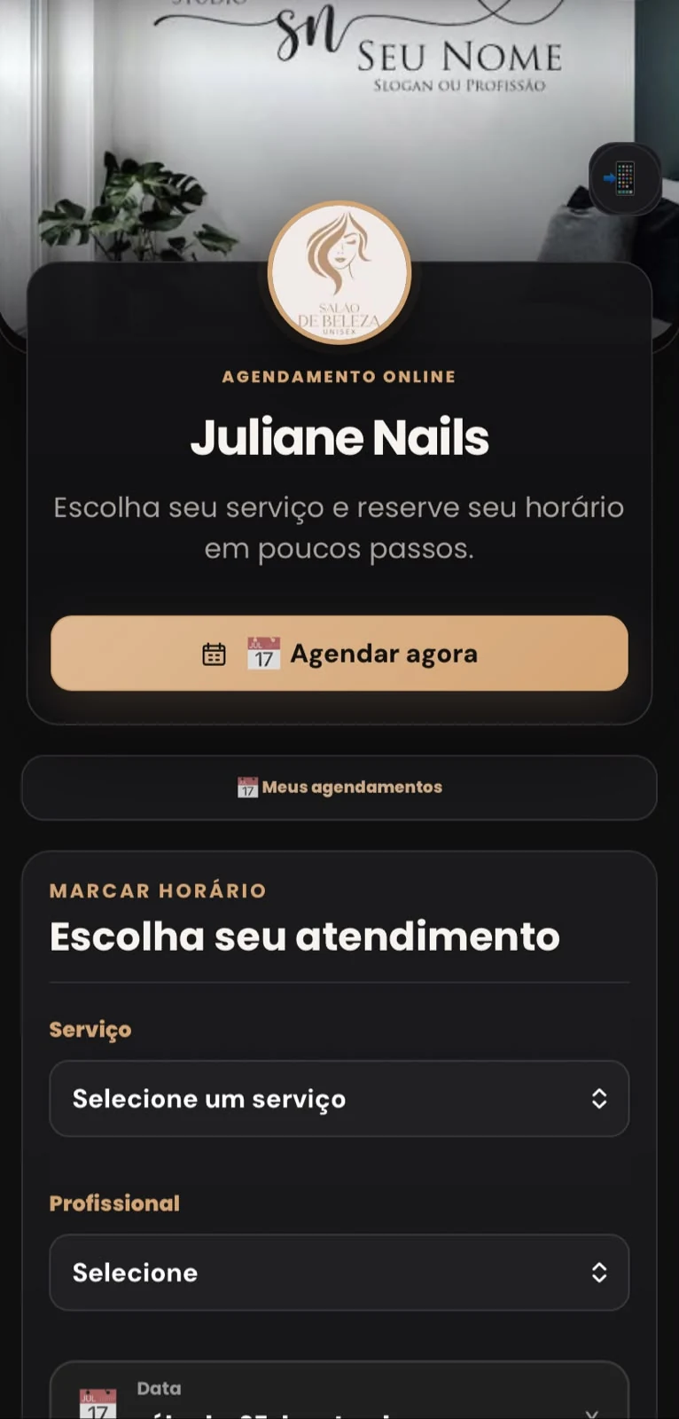 Tela real e completa de agendamento da cliente