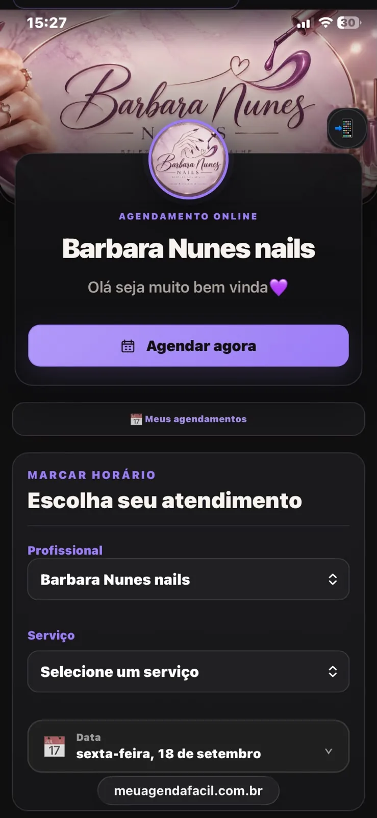 Tela do cliente com agendamento online e escolha de atendimento
