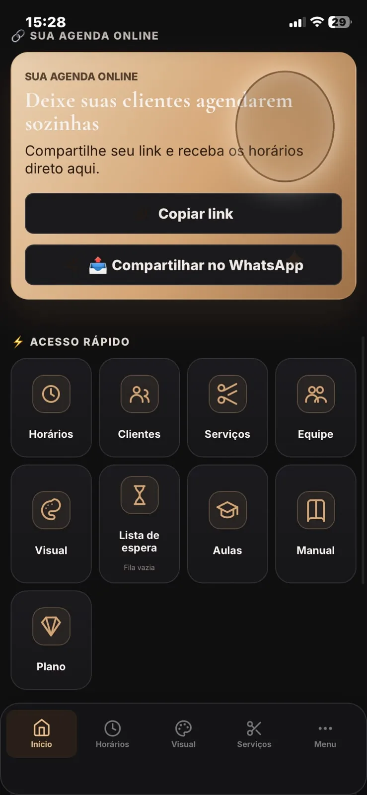 Tela da profissional com acesso rápido, aulas e manual
