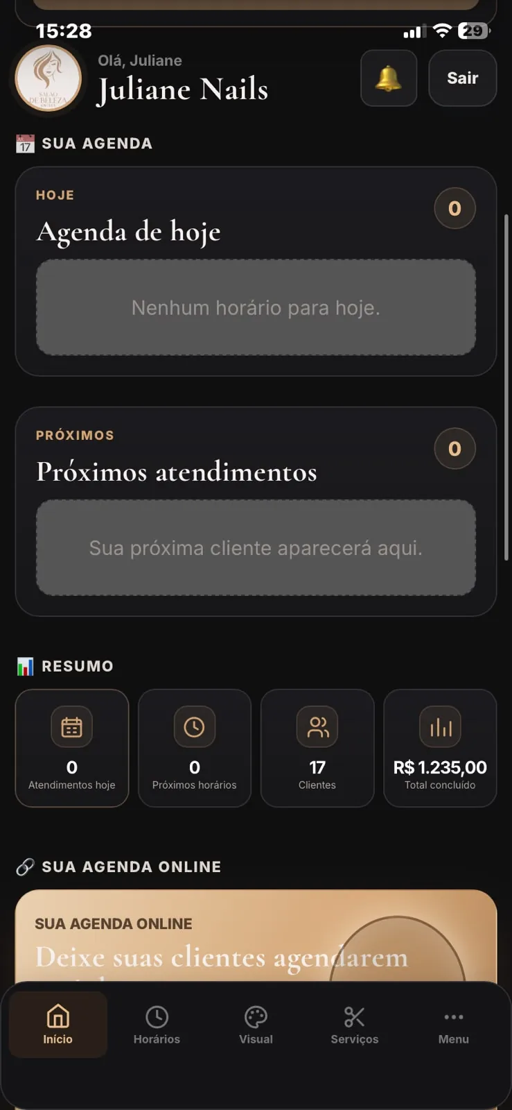 Tela da profissional com agenda de hoje e resumo
